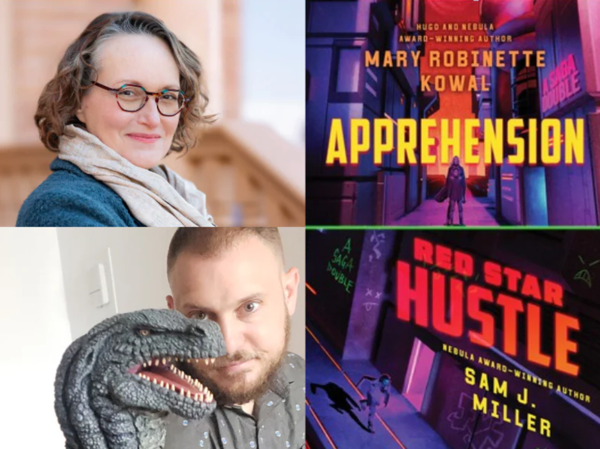 Author photos of Sam J Miller and Mary Robinette Kowal, with the covers of the books APPREHENSION and RED STAR HUSTLE