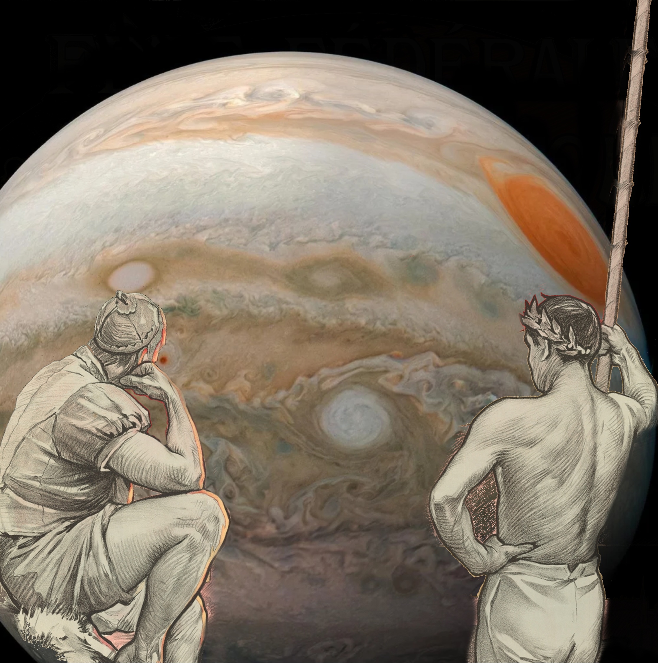 Two classical male figures from an old poster collaged over a NASA photo of the planet Jupiter